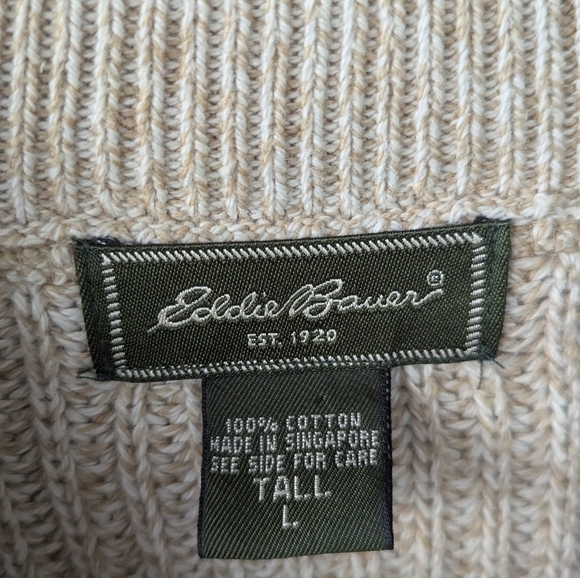 Vintage 90s Eddie Bauer Light Tan Shaker Stitch Henley Sweater Size Large TALL - Picture 3 of 7